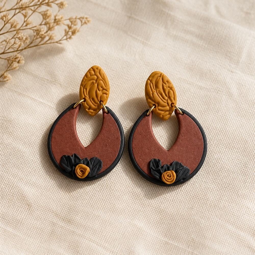 Artisan Neutral Polymer Clay Geometric Drops, Matte Earthy Tone Abstract Hoops